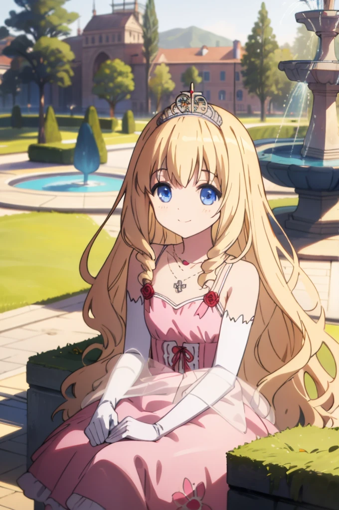 best quality, masterpiece, detailed,
LatifaFleuranza,
solo, light smile,
blonde hair, blue eyes, very long hair, tiara,
LatifaDress, pink dress, bare shoulders, elbow gloves, necklace,
sitting, looking at the viewer,
(day:1.2), garden, (fountain:1.3)