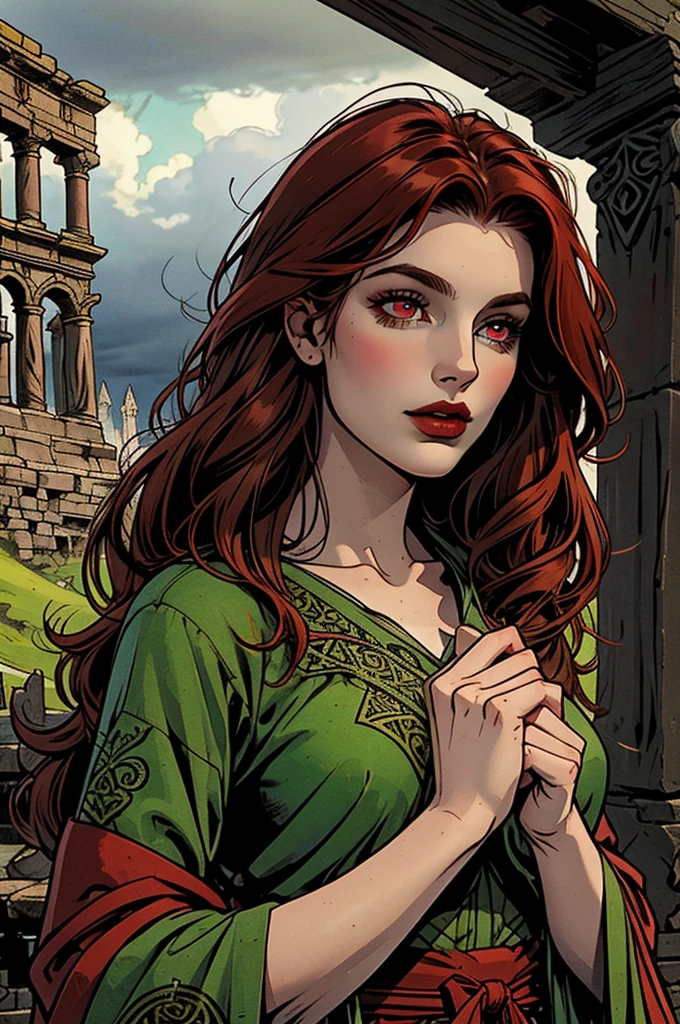 "An Irish woman with long, wavy, deep red hair stands in a mystical, verdant landscape. Her red eyes glow with an otherworldly mystery, reflecting ancient wisdom and occult power. She is dressed in a traditional Celtic dress, adorned with with intricate patterns of knots and ancient symbols. In the background, emerald hills and ancient stone ruins under a gray, cloudy sky, creating an atmosphere of legend and magic."