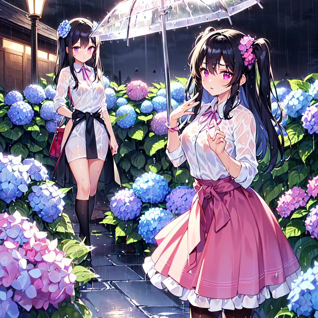 MASTERPIECE, best quality, high quality, extremely detailed, very delicate and beautiful, (2female 18 years old: 1.5), (long black hair, two-side up to waist: 1.4), fringes to eyebrows, eyes. (eyes sharp, strong glossy glossy eyes, eyebrows glossy, (eye colour magenta: 1.3), 6.5 head tall, (wet shirt: 1.3), skirt, knee socks, lace, (melancholy expression), (standing), (hands folded), (dynamic pose), (background hydrangea garden: 1.3), (rainy night: 1.3).