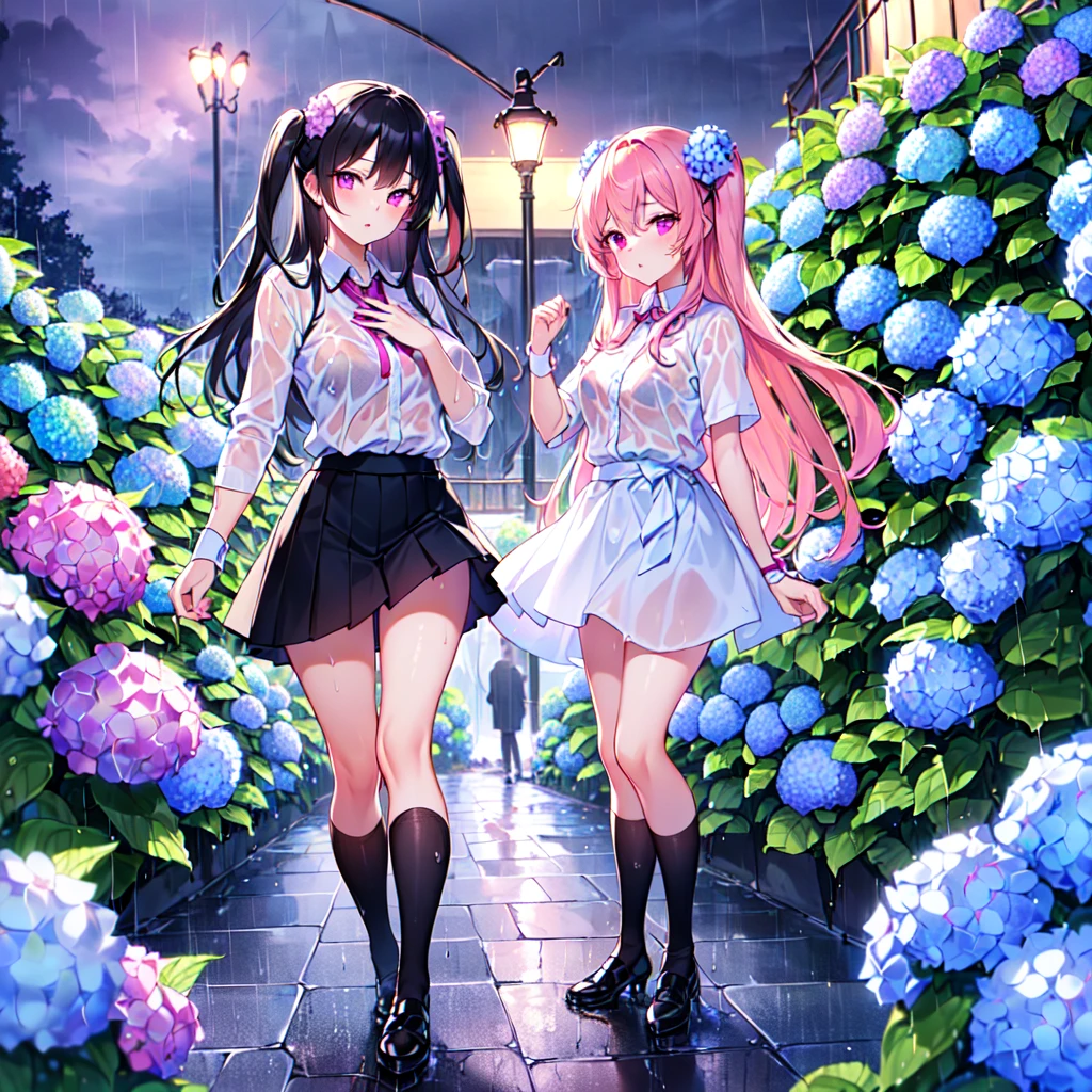 put your knees up, spread your legs, (show off your pussy), beautiful cat, skirt lift, anime, 1 girl, blue eyes, 15 years old, cute face, baby face, long hair, ruffle dress, 4K, high definition ultra, pink hair, smile, NSFW, Night sky with river and beautiful flowers, (pussy juice), (squirting pussy), topless, erect nipples, whole body