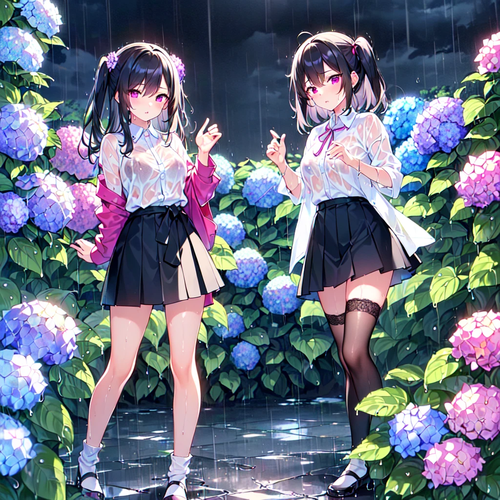  MASTERPIECE, best quality, high quality, extremely detailed, very delicate and beautiful, (2female 18 years old: 1.5), (long black hair, two-side up to waist: 1.4), fringes to eyebrows, eyes. (eyes sharp, strong glossy glossy eyes, eyebrows glossy, (eye colour magenta: 1.3), 6.5 head tall, (wet shirt: 1.3), skirt, knee socks, lace, (melancholy expression), (standing), (hands folded), (dynamic pose), (background hydrangea garden: 1.3), (rainy night: 1.3).