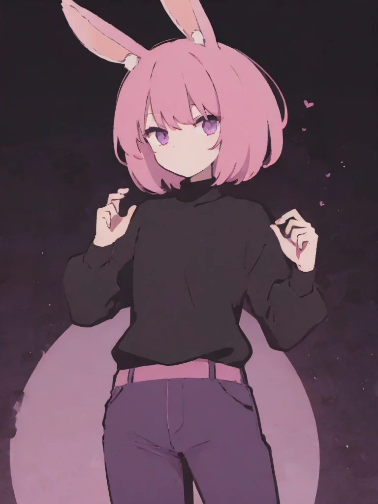 MAN with pink bunny ears with short hair black turtleneck and dark purple pants 