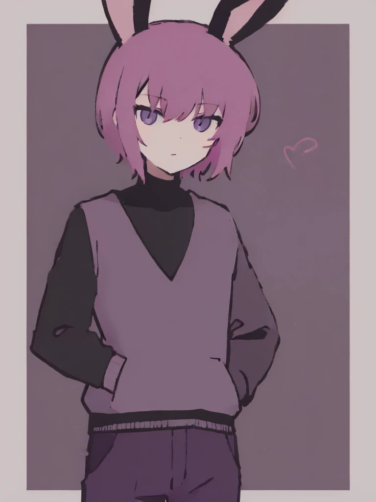 MAN with pink bunny ears with short hair black turtleneck and dark purple pants