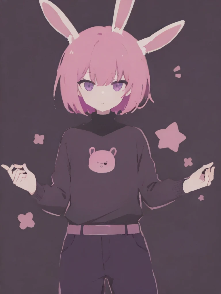 MAN with pink bunny ears with short hair black turtleneck and dark purple pants 