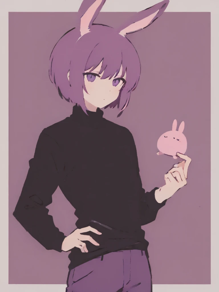 MAN with pink bunny ears with short hair black turtleneck and dark purple pants 