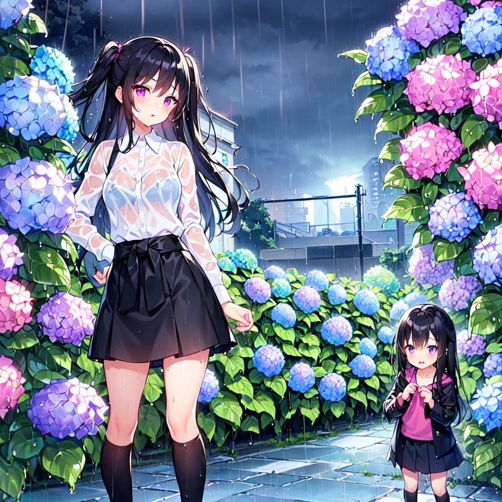 MASTERPIECE, best quality, high quality, extremely detailed, very delicate and beautiful, (2female 18 years old: 1.5), (long black hair, two-side up to waist: 1.4), fringes to eyebrows, eyes. (eyes sharp, strong glossy glossy eyes, eyebrows glossy, (eye colour magenta: 1.3), 6.5 head tall, (wet shirt: 1.3), skirt, knee socks, lace, (melancholy expression), (standing), (hands folded), (dynamic pose), (background hydrangea garden: 1.3), (rainy night: 1.3).