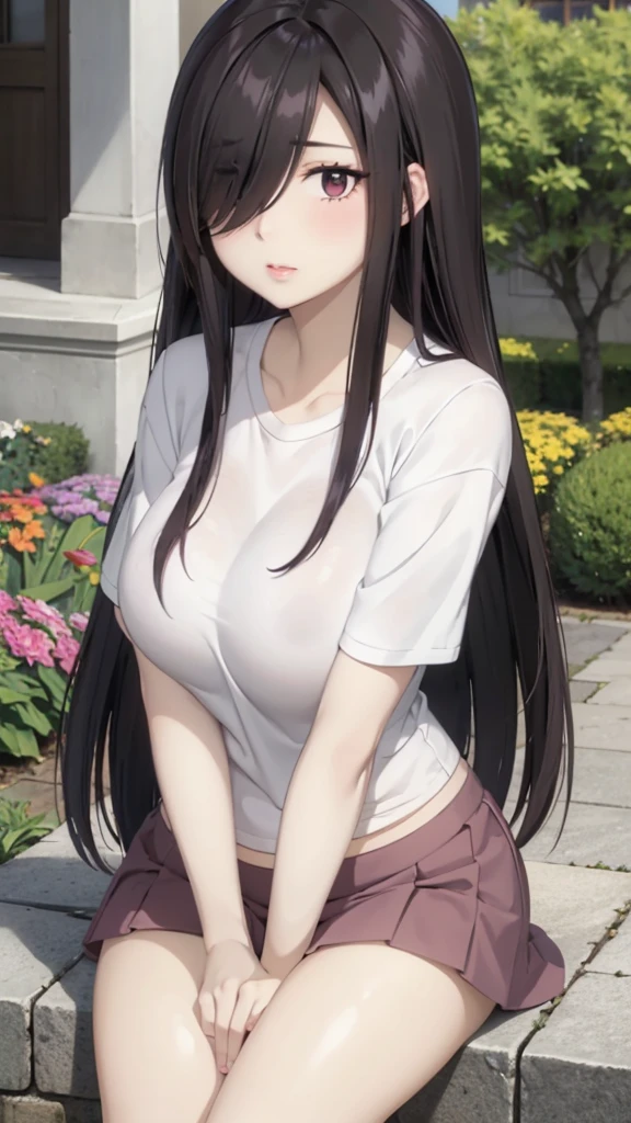 Cute mommy, mature women, realistic skin,perfect ,black hair, long hair, (hair over one eye:1.4), messy hair, hair between eyes, oversize shirt,pink mini skirt, chubby,plump,fat,pucker lips,cute shy blush on,garden, under tree,night