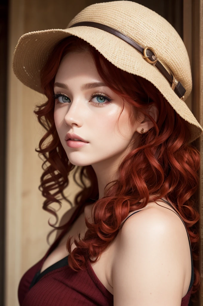 Woman, curly hair, redheadwear, skin fair, greeneyes,