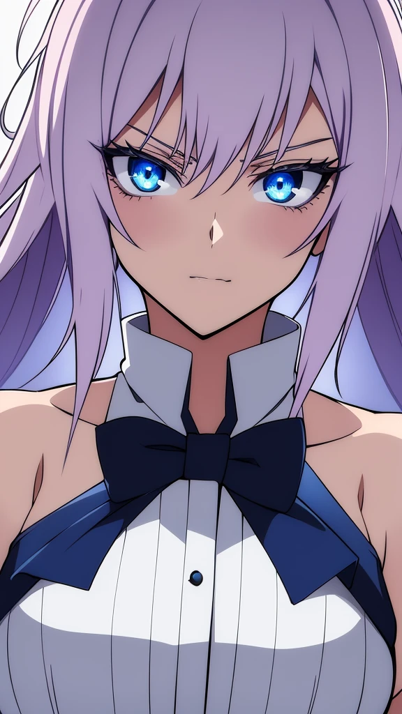 (masterpiece, best quality:1.2), expressive eyes, perfect face, highres, 1girl, solo, (female:1.5), SatoruGojo, blue eyes, upper body, looking at the viewer, wearing fancy highschool uniform, fancy white hair, blush, angry