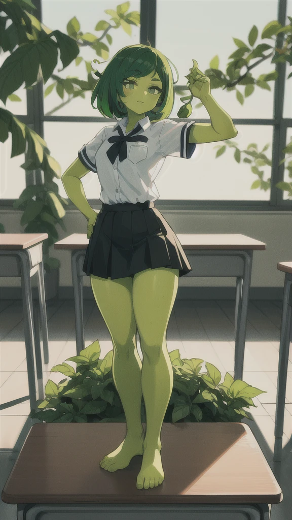 masterpiece, best quality, perfect lighting,20s,adult,madure female,, alraune, white shirt,short sleeves,black standard tie,black school skirt,green hair,long hairmflower, vines on body, full body, classroom,(greenskin), beautiful colors, saturated colors, beautiful color, 4k, 3d