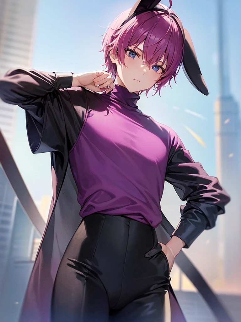 MAN with pink bunny ears with short hair black turtleneck and dark purple pants 