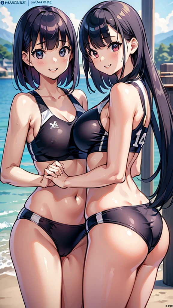 (2girls, Same height :1.2) ,Back view,  Volleyball Uniforms, couple focus ,    japanaese girl ,  (Smile:0.7), Stand next to each other ,  Upper body, Beach,Looking back,  Armpit, Realistic nipples, Realistic butt crack, Grinning smile, Very Shorthair , (High color saturation:1.0),  (highlydetailed skin), (Best Quality:1.0), (超A high resolution:1.0) ,(photographrealistic:1.0), (ultra-detailliert:1.0), (8K, Raw photo:1.1),NSFW