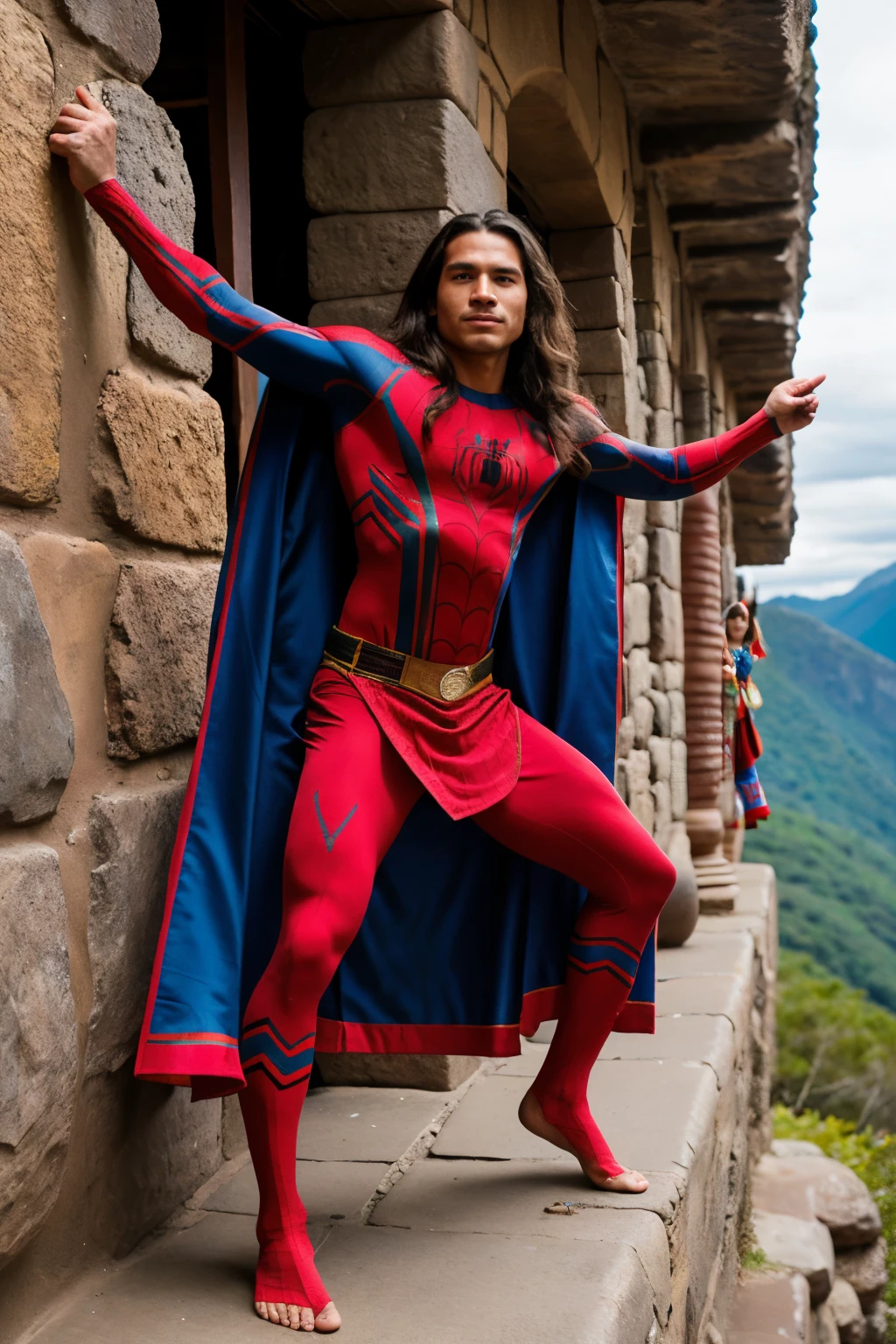 man body posture spider man, strong with long hair, inka pachacutec dress，wearing his cape，he is an inka warrior, flexing one leg, AT 90 DEGREES, YOUR BODY FORMS A 90 DEGREE ANGLE