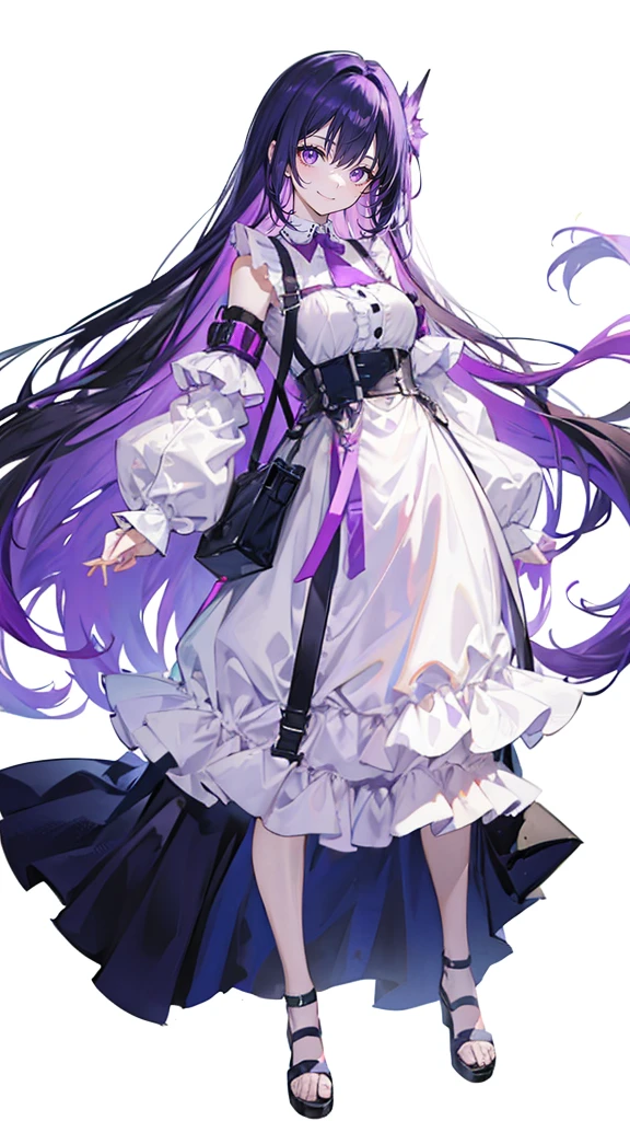 purple hair,girl,1 person,long hair,(body Harness),simple White background,smile,whole body,((full body)),standing position,Standing picture,vtuber,front,How to look at the viewer,Focus your gaze on the front,arm to the side