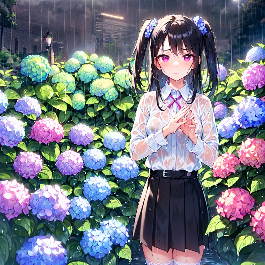 MASTERPIECE, best quality, high quality, extremely detailed, very delicate and beautiful, (2female 18 years old: 1.5), (long black hair, two-side up to waist: 1.4), fringes to eyebrows, eyes. (eyes sharp, strong glossy glossy eyes, eyebrows glossy, (eye colour magenta: 1.3), 6.5 head tall, (wet shirt: 1.3), skirt, knee socks, lace, (melancholy expression), (standing), (hands folded), (dynamic pose), (background hydrangea garden: 1.3), (rainy night: 1.3), (upper body:1.3),