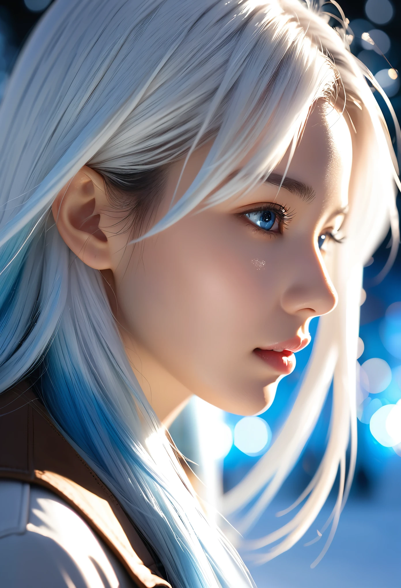 beautiful, young woman, in the crystal and ice area, fluttering snow, gradient hair, white hair, silver blue hair, long hair, eye reflection, disdain, ray tracing, reflection light, blurry, glowing light, shallow depth of field, chiaroscuro, stereogram, zoom layer, cowboy shot, bokeh, masterpiece, best quality, high quality, HD