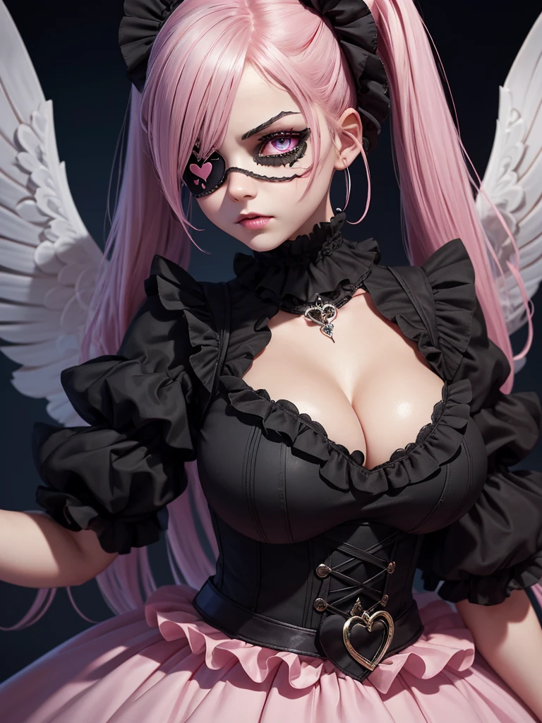 A cute 12-year-old girl with an eye patch, wearing a gothic pink frilled dress, pale smooth skin, beautiful eyes with many star-shaped highlights, pink twintails hair with heart hairclip, angry expression, black mouth mask, open cleavage, many accessories, posing in a cute way, at night in the Harajuku district of Tokyo, Japan, with a fancy and dark background.female\((cute,eye patch\(very cute, gothic fashion,cute mark\):1.3),age of 12,skin\(white,pale,smooth,silky,shiny\),eyes\(beautiful,many star-shaped highlights\),wearing makeup\(pink\),(angry),(black mouth mask),hair\(pink,twintails,floating,rolled,detailed,shiny\),hairclip\(heart\),costume\((frilled:1.3) pink dress\),eye corners\(pink:1.3\),(narrow eyes),very cute pose,(breast:1.3),open cleavage, cute hand sign,(many accessories)\), BREAK ,background\(harajyuku\(tokyo,japan\),at night,cute,fancy,dark\), BREAK ,quality\(8k,wallpaper of extremely detailed CG unit, ​masterpiece,hight resolution,top-quality,top-quality real texture skin,hyper realisitic,increase the resolution,RAW photos,best qualtiy,highly detailed,the wallpaper,cinematic lighting,ray trace,golden ratio\),(dynamic angle),(close up of face:1.8),looking up at viewer,from above,better hands