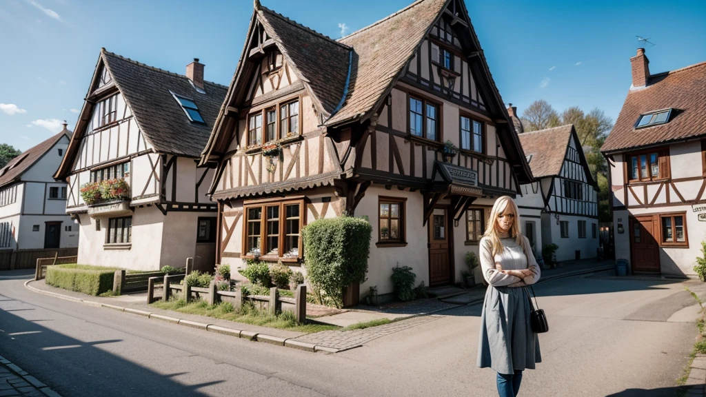 sad blonde woman looking at a rural town with simple houses and half-timbered Germanic architecture