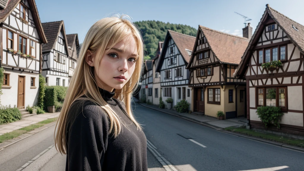 sad blonde woman looking at a rural town with simple houses and half-timbered Germanic architecture