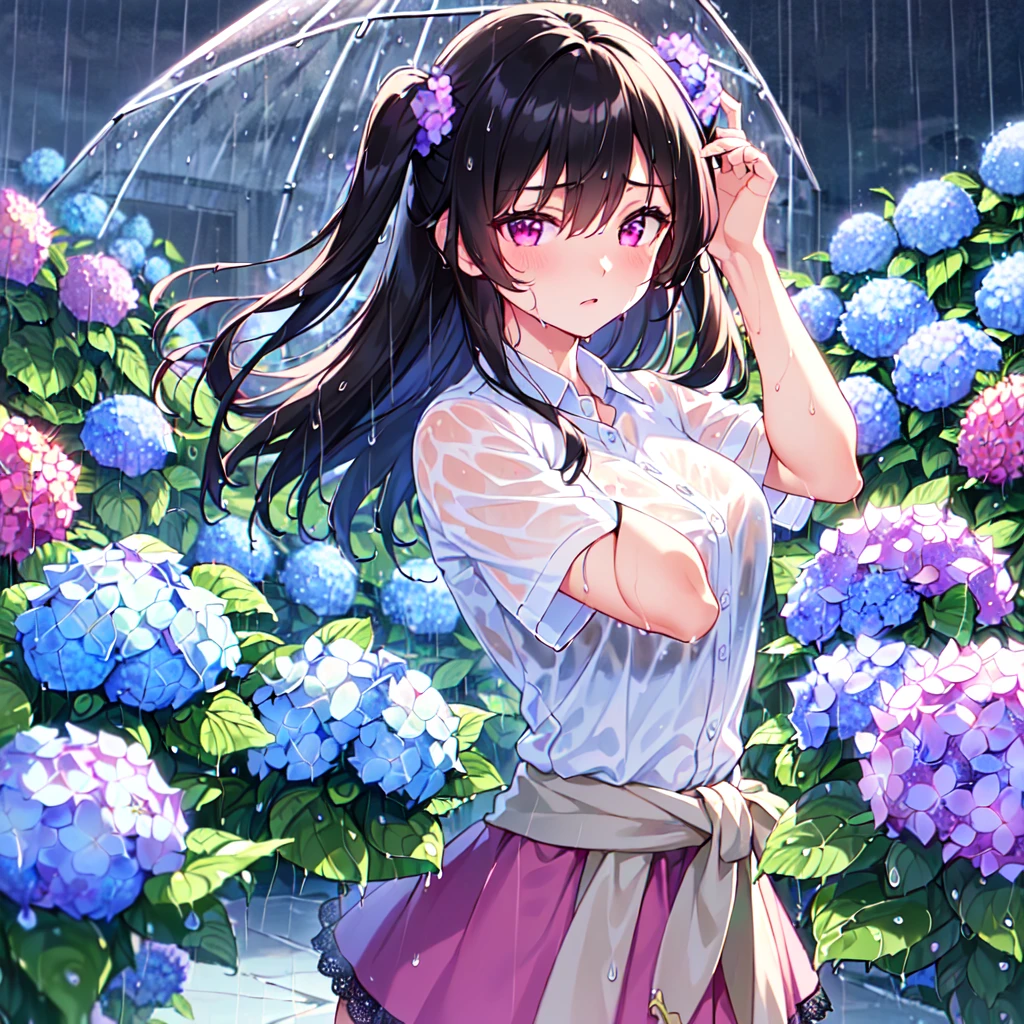 MASTERPIECE, best quality, high quality, extremely detailed, very delicate and beautiful, (2female 18 years old: 1.5), (long black hair, two-side up to waist: 1.4), fringes to eyebrows, eyes. (eyes sharp, strong glossy glossy eyes, eyebrows glossy, (eye colour magenta: 1.3), 6.5 head tall, (wet shirt: 1.3), skirt, knee socks, lace, (melancholy expression), (standing), (hands folded), (dynamic pose), (background hydrangea garden: 1.3), (rainy night: 1.3), (upper body:1.3),