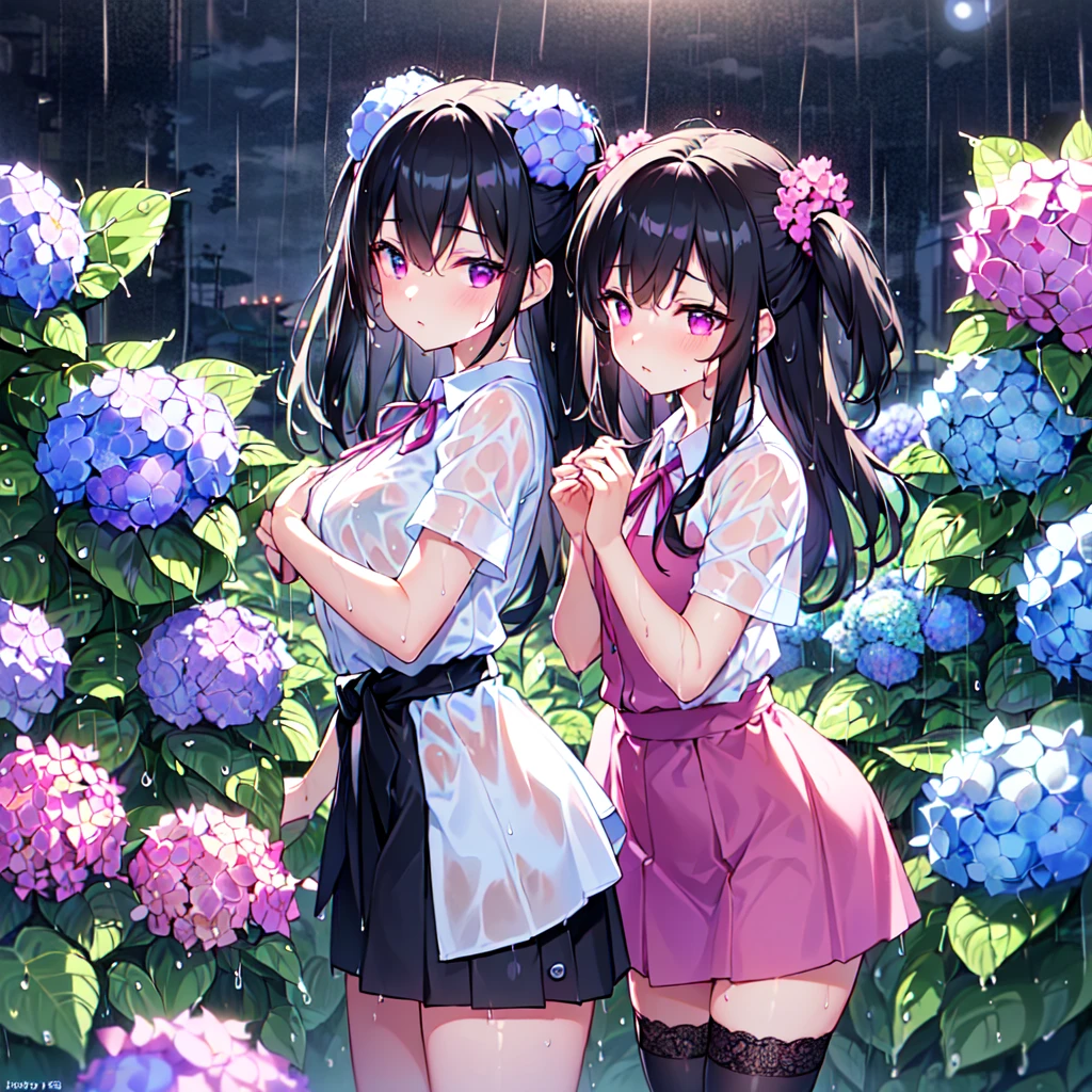 MASTERPIECE, best quality, high quality, extremely detailed, very delicate and beautiful, (2female 18 years old: 1.5), (long black hair, two-side up to waist: 1.4), fringes to eyebrows, eyes. (eyes sharp, strong glossy glossy eyes, eyebrows glossy, (eye colour magenta: 1.3), 6.5 head tall, (wet shirt: 1.3), skirt, knee socks, lace, (melancholy expression), (standing), (hands folded), (dynamic pose), (background hydrangea garden: 1.3), (rainy night: 1.3), (upper body:1.3),