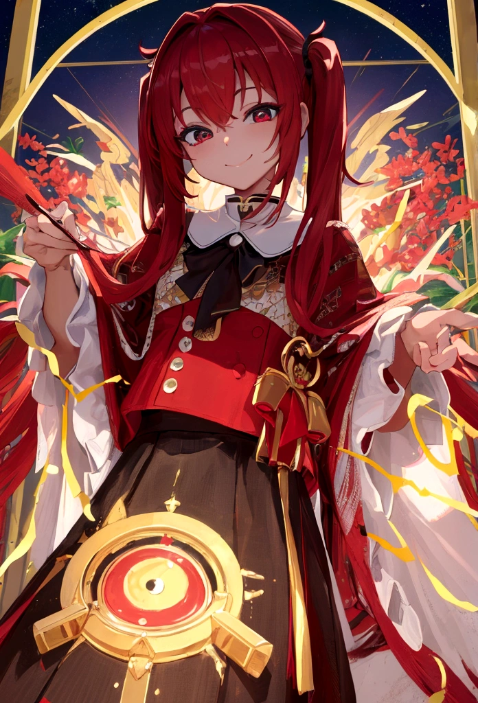 ((masterpiece)), ((best quality)), (ultra-detailed), ((extremely detailed)), 4K, (8K), black skin、bionde、parted bangs 𝐬𝐡𝐨𝐫𝐭𝐜𝐮𝐭、Hot highest quality, Masterpiece、Virtual Youtuber, Kindergarteners、1girl, Light blue shortcut、Red tiny twin tails、Left eye red gold、Right Eye Gold、smile、red inner hair