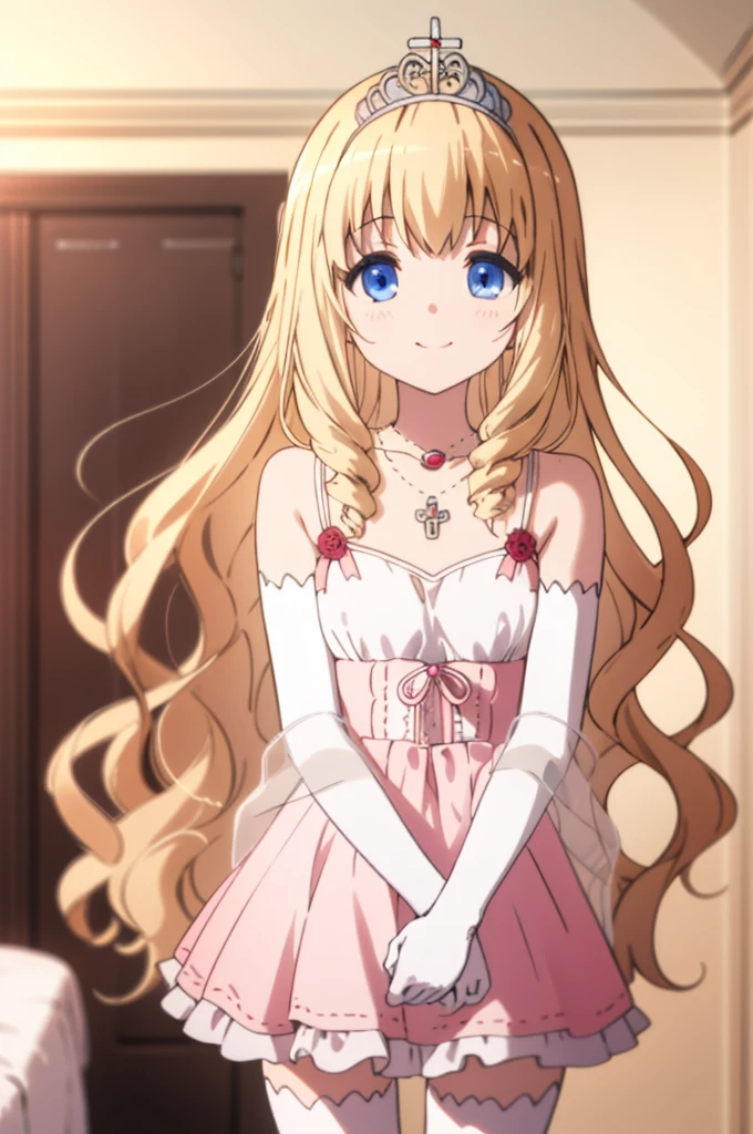 best quality, masterpiece, detailed,
LatifaFleuranza,
solo, light smile,my room
blonde hair, blue eyes, very long hair, tiara,
LatifaDress, pink dress, bare shoulders, elbow gloves, necklace,
looking at the viewer,,miniskirt,thighhighs,standing
