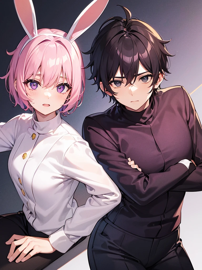 MAN with pink bunny ears with short hair black turtleneck and dark purple pants