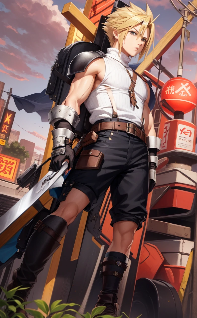 masterpiece, best quality, cloud strife, shoulder armor, sleeveless turtleneck, suspenders, belt, gloves, bracer, upper body, serious expression, looking at viewer, facing forward, city street, night, arms to side,cor de pele morena, cabelos brancos, olhos laranja