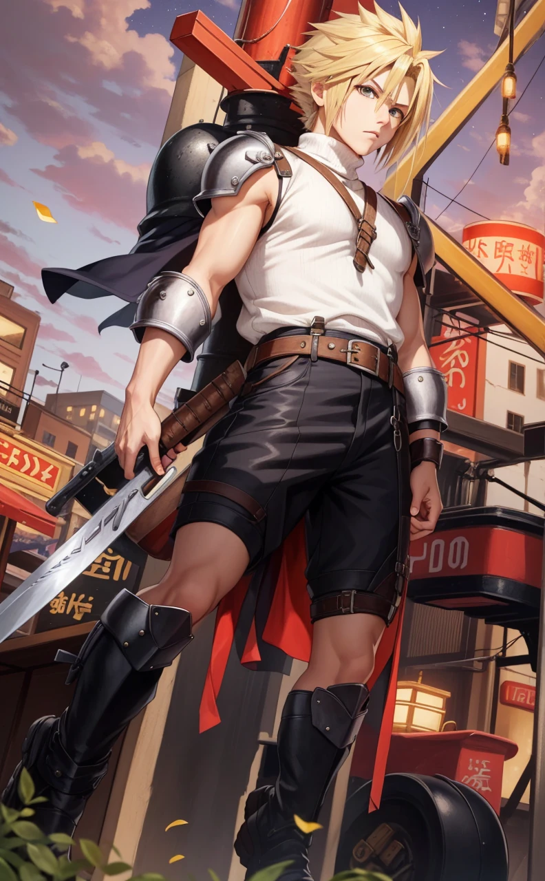 masterpiece, best quality, cloud strife, shoulder armor, sleeveless turtleneck, suspenders, belt, gloves, bracer, upper body, serious expression, looking at viewer, facing forward, city street, night, arms to side,cor de pele morena,  cabelos brancos,  olhos laranja 