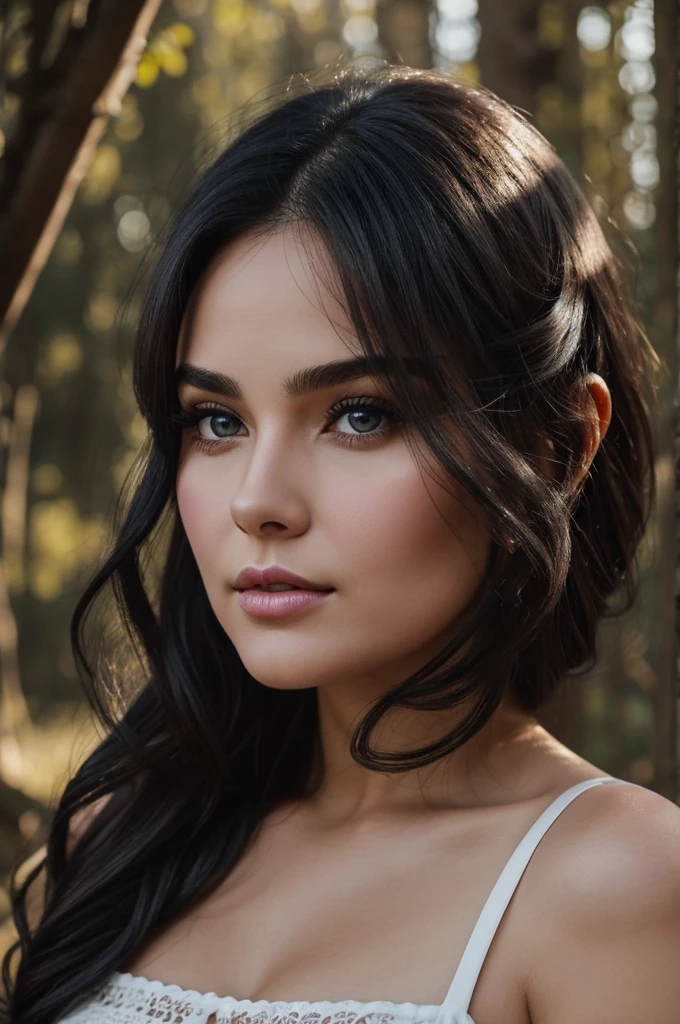 a woman, there is no thinness in his face, exepto, on the tip of the chin, has rounded cheeks, thick lips, Her black hair falls in cascades over her shoulders and her eyes are huge and violet.