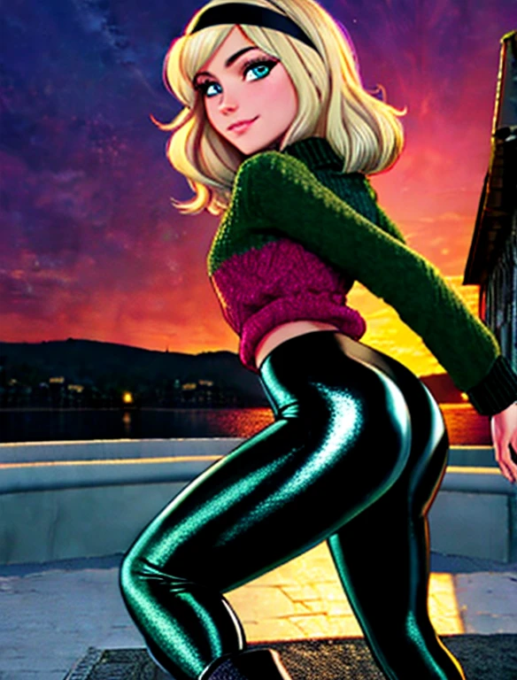 cherrmous style, illustration, detailed, masterpiece,HDR, detailed sharp, best quality, (Detailed face:1.2), (Detailed eyes:1.2), 1girl, solo, 1girl, solo, (Gwen Stacy:1.1), platinum blonde hair, bright blue eyes, ((Wearing: Black headband, olive green sweater, shiny black leggings, Ugg Boots)), looking at viewer with a relaxed and mellow smile, relaxed atmosphere, cinematic lighting, sunset, detailed background, back shot
