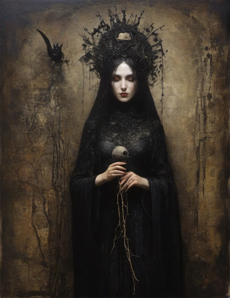 James Gurney, Surrealist art , dream-like, Mysterious, Provocative, symbolic, Complex, detailed,, (Gothic but very beautiful:1.4), (masterpiece, highest quality:1.4) , Nicola Samori Style, Queen of wands