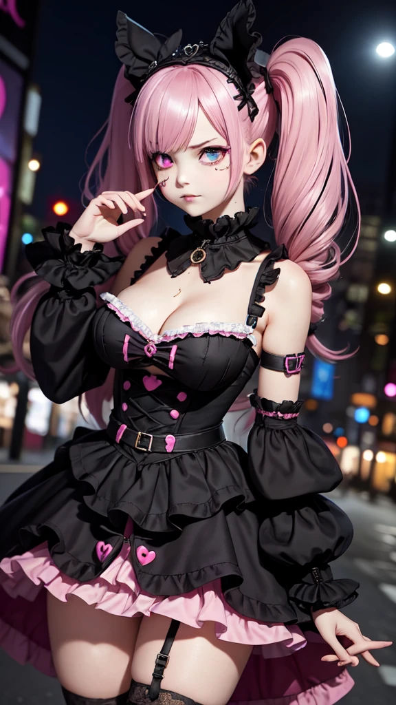 A cute -yeld giwith an eye patch, wearing a gothic pink frilled dress, pale smooth skin, beautiful eyes with many star-shaped highlights, pink twintails hair with heart hairclip, angry expression, black mouth mask, open cleavage, many accessories, posing in a cute way, at night in the Harajuku district of Tokyo, Japan, with a fancy and dark background.