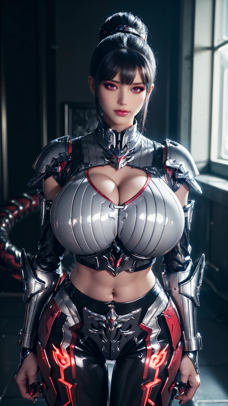 A BUSTY MILF, CLOSEUP UPPER BODY,SOLO, ((DRAGON MECHA HORN,BLACK PONYTAIL HAIR)), (GIGANTIC FAKE BOOBIES,CLEAVAGE TOP,11 LINE ABS:1.5), ((WEARING OUTFIT SILVER, BLACK, CRIMSON RED DRAGON MECHA TRANSFORMERS CROP TOP ARMOR:1.5)), (MUSCULAR BODY SHAPE:1.5), (CLEAN GLOSSY BODYSKIN:1.5), (LOOKING AT VIEWER:1.6), (BACKGROUND FUTURISTIC SPACE STATION:1), (PHOTOREALSITIC:1.4), (ULTRA-DETAILLIERT), (TOP-QUALITY), (BEST SHADOWS), BRIGHT LIGHT IN ROOM, HYPER TEXTURE, (4X MSAA), ((UNREAL ENGINE 5 RENDER)), (NEON), PHYSICALLY-BASED RENDERING, ULTRA HIGHT DEFINITION, 16K, 1080P.