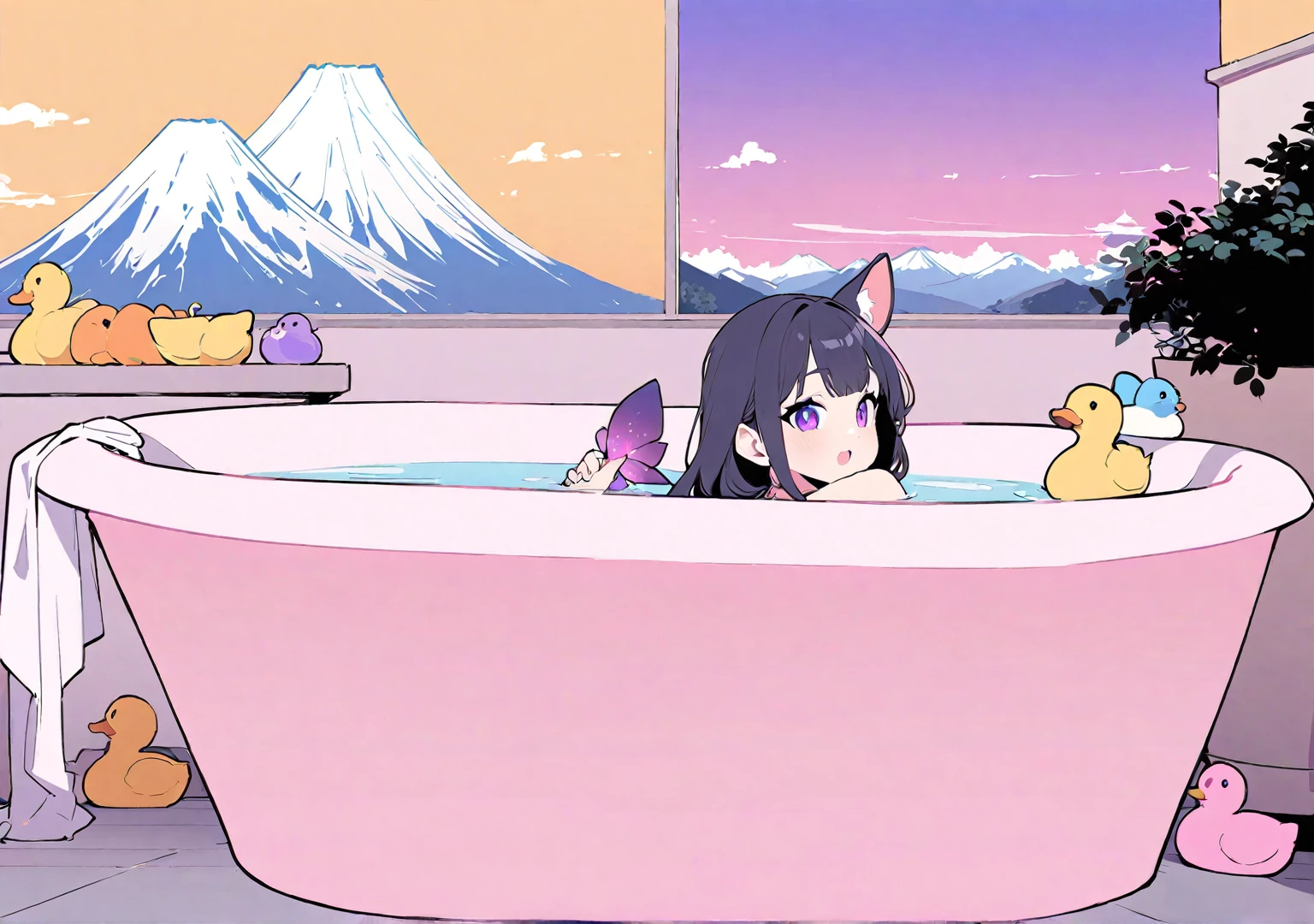 koseki-bijou/(Hololive/),(Flat Color:1.1), (colorful:1.3), (masterpiece:1.2), Highest quality, masterpiece, original, Highly detailed wallpaper, View your audience, One Girl, Cat ear、Black Hair、Shortcuts、、alone, Enter the bathhouse、Soak in a spacious bathtub、Mount Fuji painting、Duck toys、Dachshund dog、