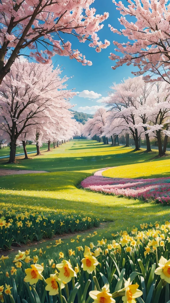Nature landscape, spring and vibrant daffodils beautiful scene, saturated with color , HD 4K