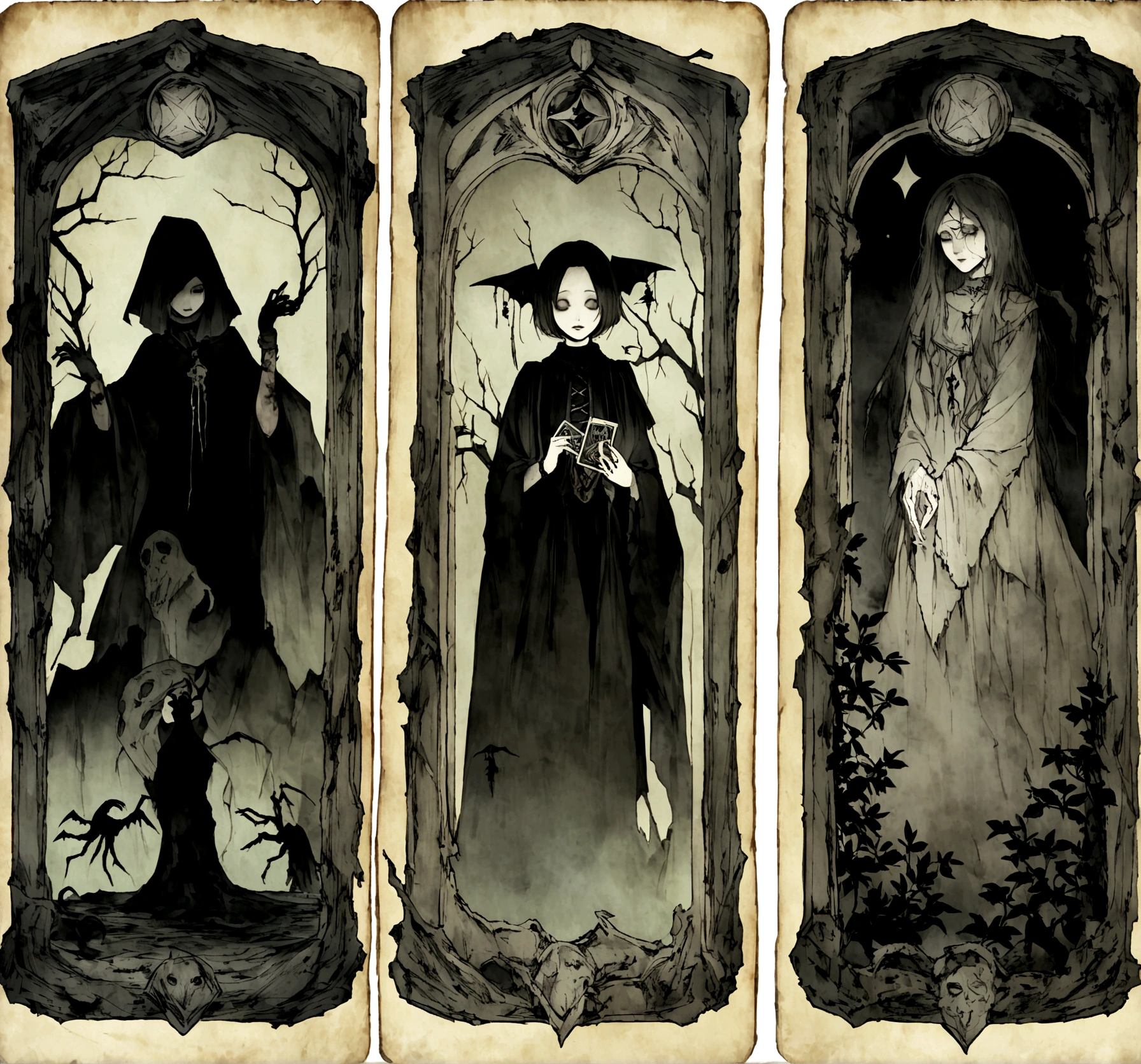 Create a tarot card illustration that exudes a fantasy vibe with an eerie and creepy atmosphere. The card should appear old and worn, with visible scratches, rips, and signs of aging. Include mystical elements and dark, haunting imagery to enhance the creepy feeling. The card should have a vintage, Gothic aesthetic, reminiscent of ancient, otherworldly magic.