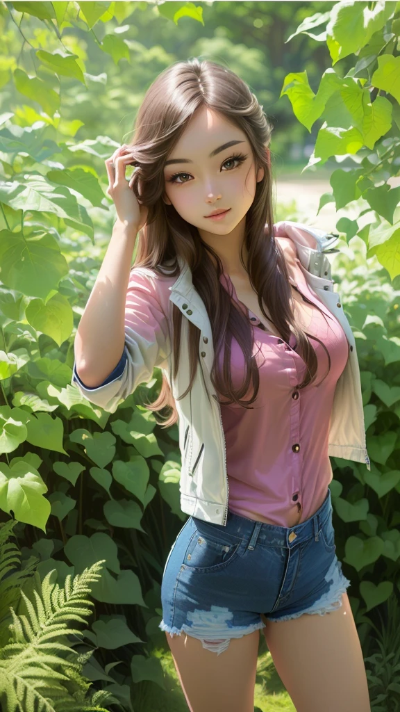 Arafed woman in a pink shirt and denim shorts poses for a photo, Beautiful young girl model, beautiful model girl, with long hair, realisti, attractive anime girl, beautiful seductive anime , ( ( ( skinny jeans shorts ) ) ), ( jacket has no buttons )