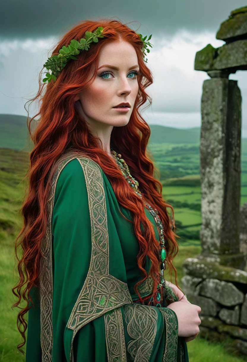 "An Irish woman with long, wavy, deep red hair stands in a mystical, verdant landscape. Her red eyes glow with an otherworldly mystery, reflecting ancient wisdom and occult power. She is dressed in a traditional Celtic dress, adorned with with intricate patterns of knots and ancient symbols. In the background, emerald hills and ancient stone ruins under a gray, cloudy sky, creating an atmosphere of legend and magic."