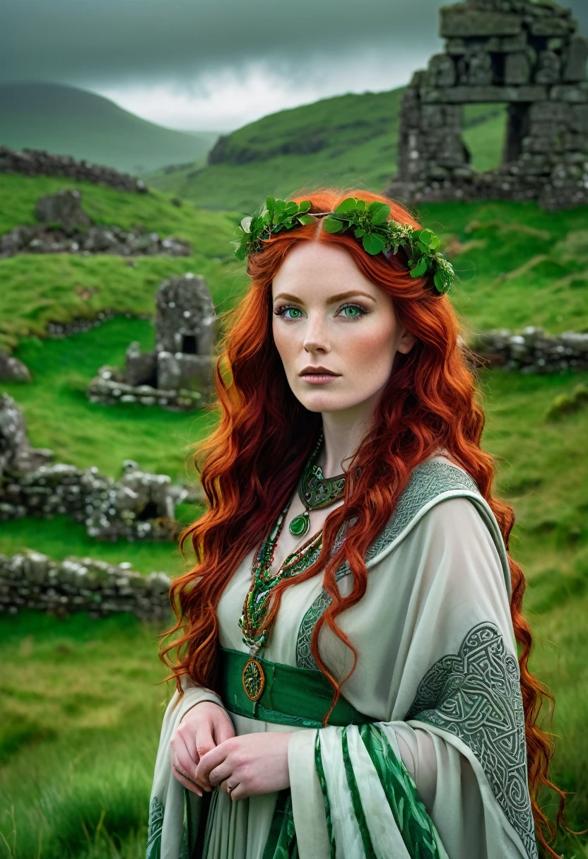 "An Irish woman with long, wavy, deep red hair stands in a mystical, verdant landscape. Her red eyes glow with an otherworldly mystery, reflecting ancient wisdom and occult power. She is dressed in a traditional Celtic dress, adorned with with intricate patterns of knots and ancient symbols. In the background, emerald hills and ancient stone ruins under a gray, cloudy sky, creating an atmosphere of legend and magic."