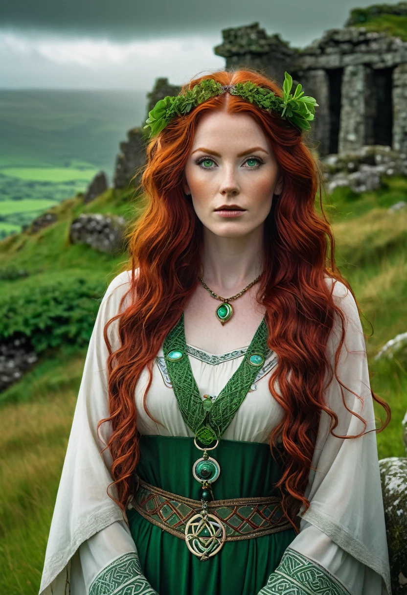 "An Irish woman with long, wavy, deep red hair stands in a mystical, verdant landscape. Her red eyes glow with an otherworldly mystery, reflecting ancient wisdom and occult power. She is dressed in a traditional Celtic dress, adorned with with intricate patterns of knots and ancient symbols. In the background, emerald hills and ancient stone ruins under a gray, cloudy sky, creating an atmosphere of legend and magic."