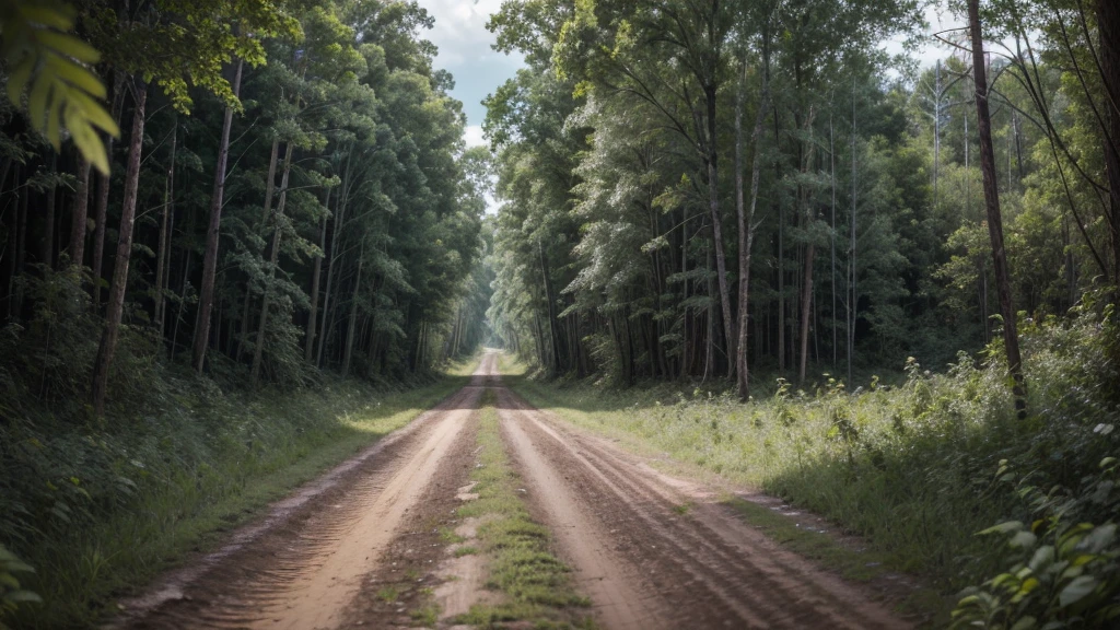 A dirt road in the middle of the forest, with lots of green foliage, and a sky with a tornado, destroying everything (weather) and super details with great resolution