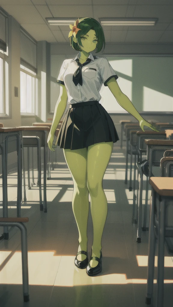 masterpiece, best quality, perfect lighting,20s,adult,madure female,, alraune, white shirt,short sleeves,black standard tie,black school skirt,green hair,long hairmflower, vines on body, full body, classroom,(greenskin), beautiful colors, saturated colors, beautiful color, 4k, 3d