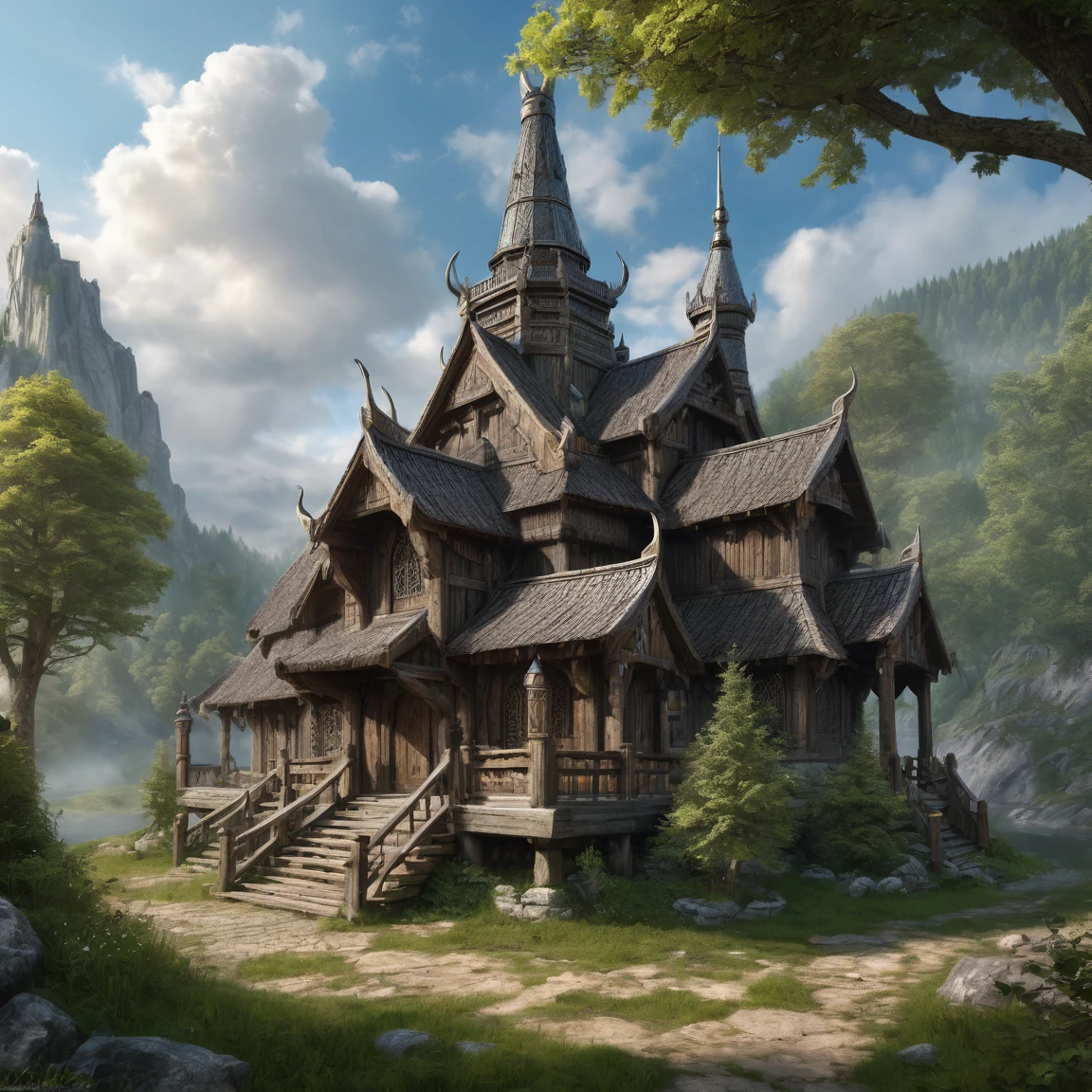 (best quality)), ((masterpiece)), ((realistic,digital art)), (super detailed), temple de bois de style viking au coeur d'une vaste clairière, (medieval fantasy style)