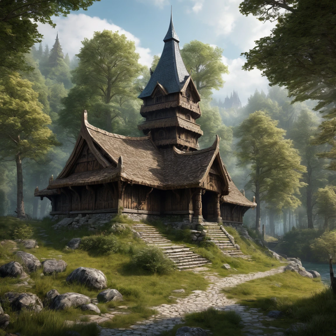 (best quality)), ((masterpiece)), ((realistic,digital art)), (super detailed), temple de bois de style viking au coeur d'une vaste clairière, (medieval fantasy style)