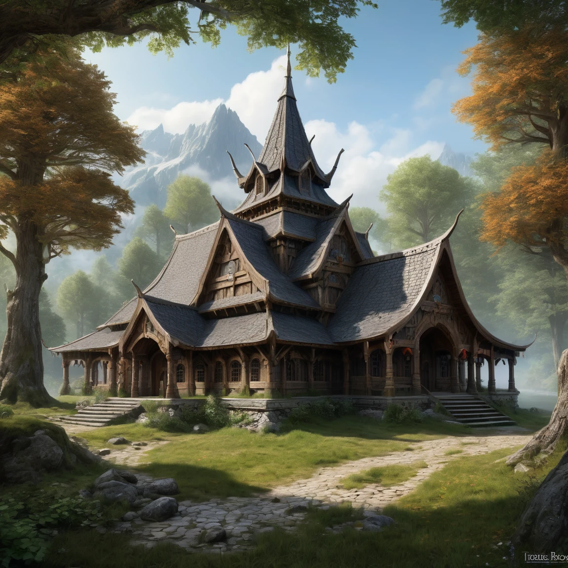 (best quality)), ((masterpiece)), ((realistic,digital art)), (super detailed), temple de bois de style viking au coeur d'une vaste clairière, (medieval fantasy style)