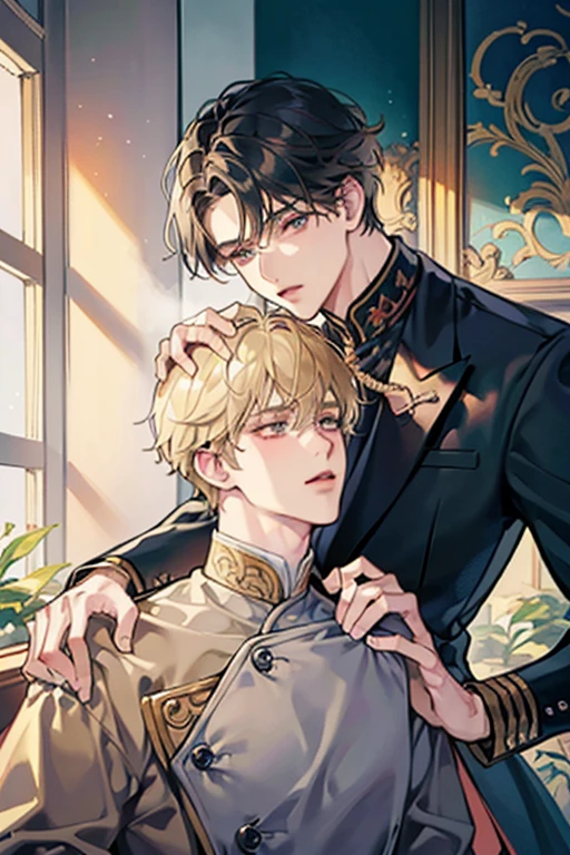 (delicate composition:1.5),(Masterpiece), best quality face, ((super-detailed)), (very fine 4K super fine), (ultra-detailed body), (gay male relationship),gay male eye contact,pop style,happy smiling,retro wear,fashionable clothes,simple background