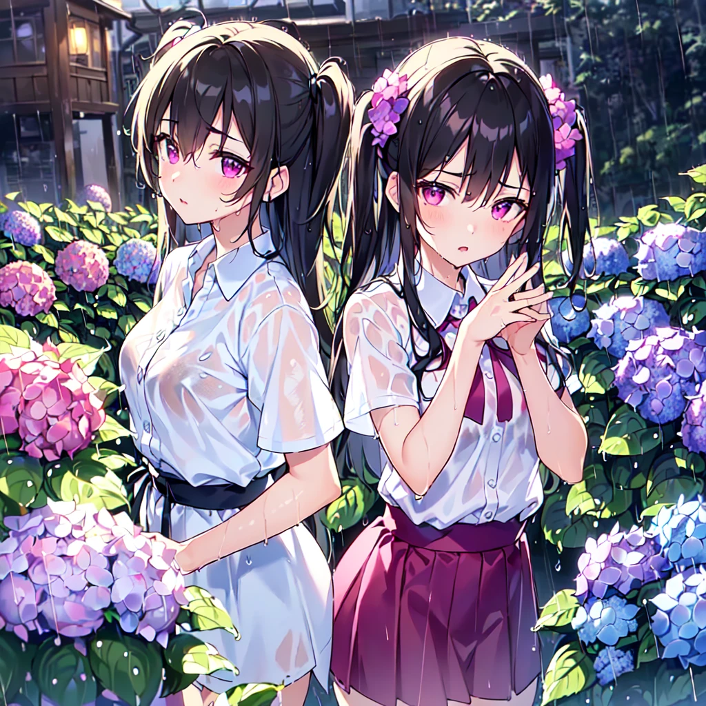MASTERPIECE, best quality, high quality, extremely detailed, very delicate and beautiful, (2female 18 years old: 1.5), (long black hair, two-side up to waist: 1.4), fringes to eyebrows, eyes. (eyes sharp, strong glossy glossy eyes, eyebrows glossy, (eye colour magenta: 1.3), 6.5 head tall, (wet shirt: 1.3), skirt, knee socks, lace, (melancholy expression), (standing), (hands folded), (dynamic pose), (background hydrangea garden: 1.3), (rainy night: 1.3), (upper body:1.3),