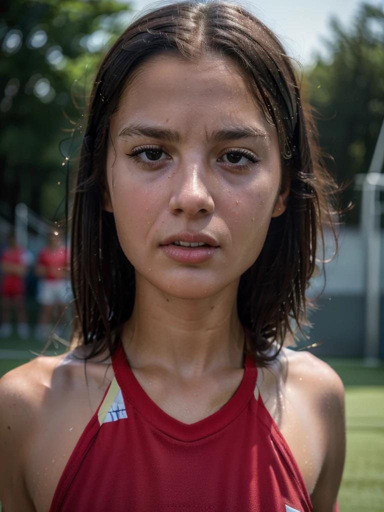 (8K, Raw photo, Best Quality, masutepiece:1.2), (Realistic, Photorealsitic:1.37),1 girl,Beautiful,Powerful, (Solo),A detailed face, Dramatic Angle,
Red football/soccer Uniforms ,Sports, Look away,Sporty,Wet skin,Sweat,Large breasts,nice legs,soccer Venues,
